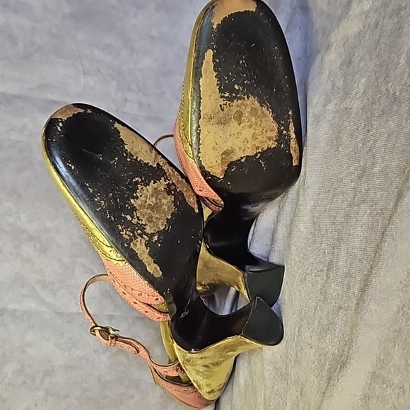 Miu Miu Gold Peach Pink Coral Orange Round Mary Jane Leather Heel Wedge Sz.40 - Picture 5 of 8